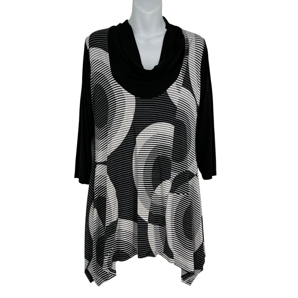 Lior Paris‎ Tunic Top Women Medium Black White Geometric Cowl Neck 3/4 Sleeve